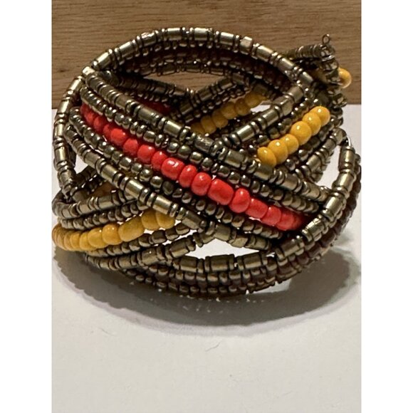 Beaded Statement Cuff Arm Wrap Bracelet Boho Braided Colorful Gold Bronze Tone - Picture 3 of 6